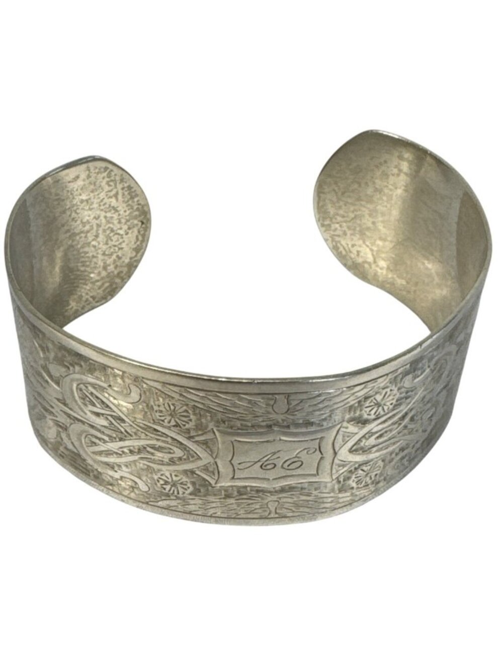 Antique Engraved Silver Cuff Bracelet With Floral Design - Picture 3 of 4